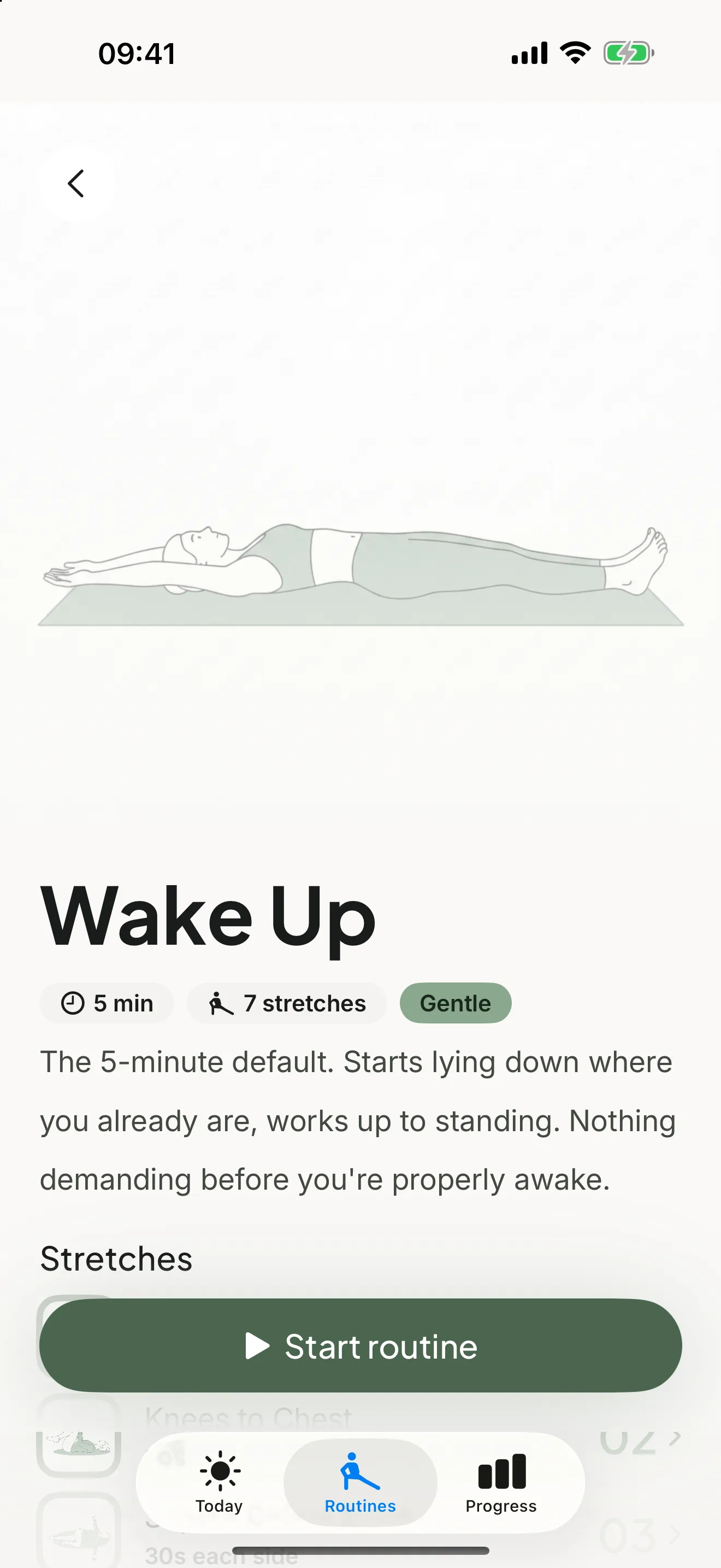 Sway routine details for Wake Up: 5 minutes, 7 stretches, Gentle, with a short description and a Start routine button
